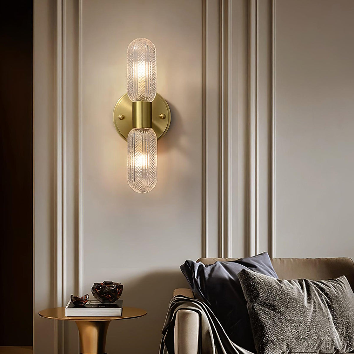 Eira Brass and Textured Glass Double Light Wall Sconce-Neutral Decor
