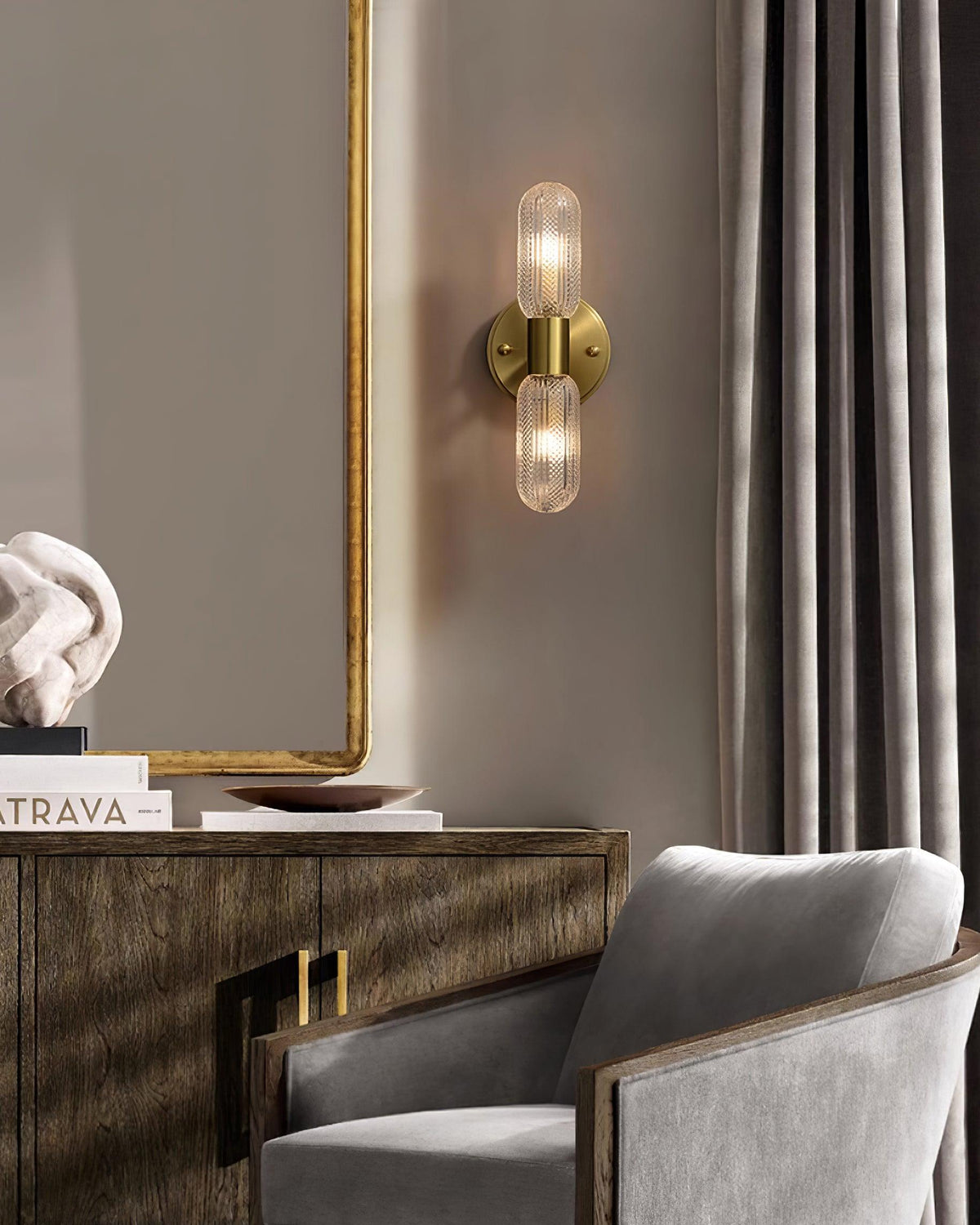 Eira Brass and Textured Glass Double Light Wall Sconce-Neutral Decor