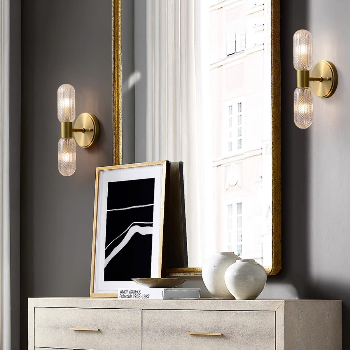 Eira Brass and Textured Glass Double Light Wall Sconce-Neutral Decor
