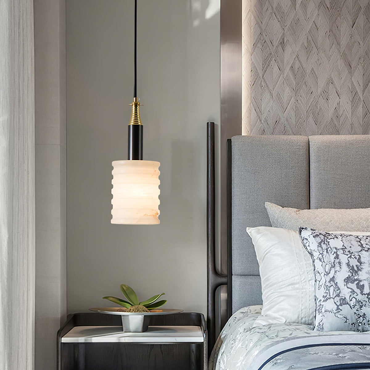 Alabaster Pendant Lamp Ribbed Cylinder-Neutral Decor