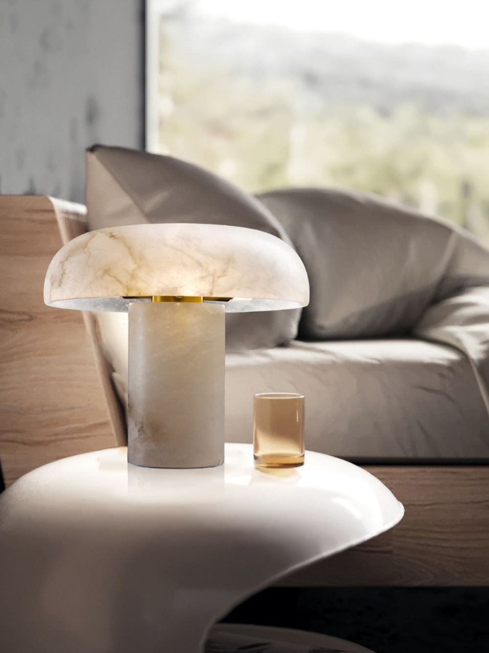 Table Lamp Alabaster Mushroom Shade Brass Base Sculptural Warm-Neutral Decor