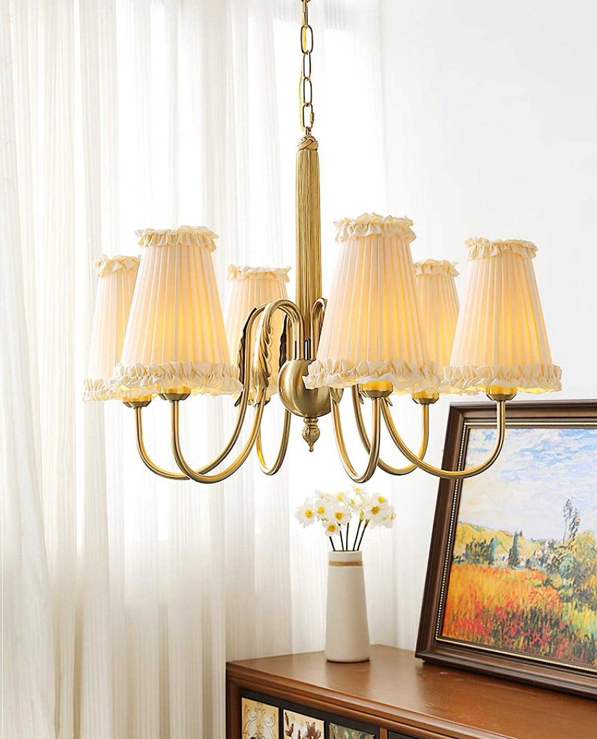 Faylin Vintage Brass Chandelier with Pleated Shades-Neutral Decor