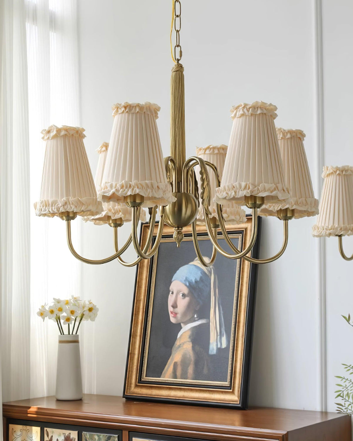 Faylin Vintage Brass Chandelier with Pleated Shades-Neutral Decor