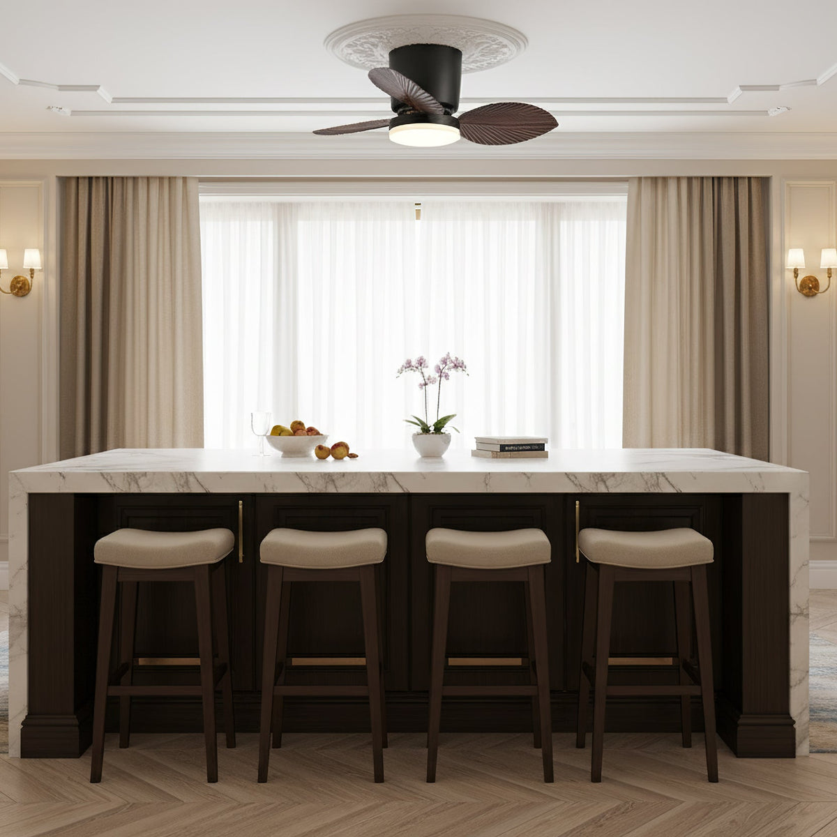 The Melorie fan with its integrated LED light turned on, illuminating a room.