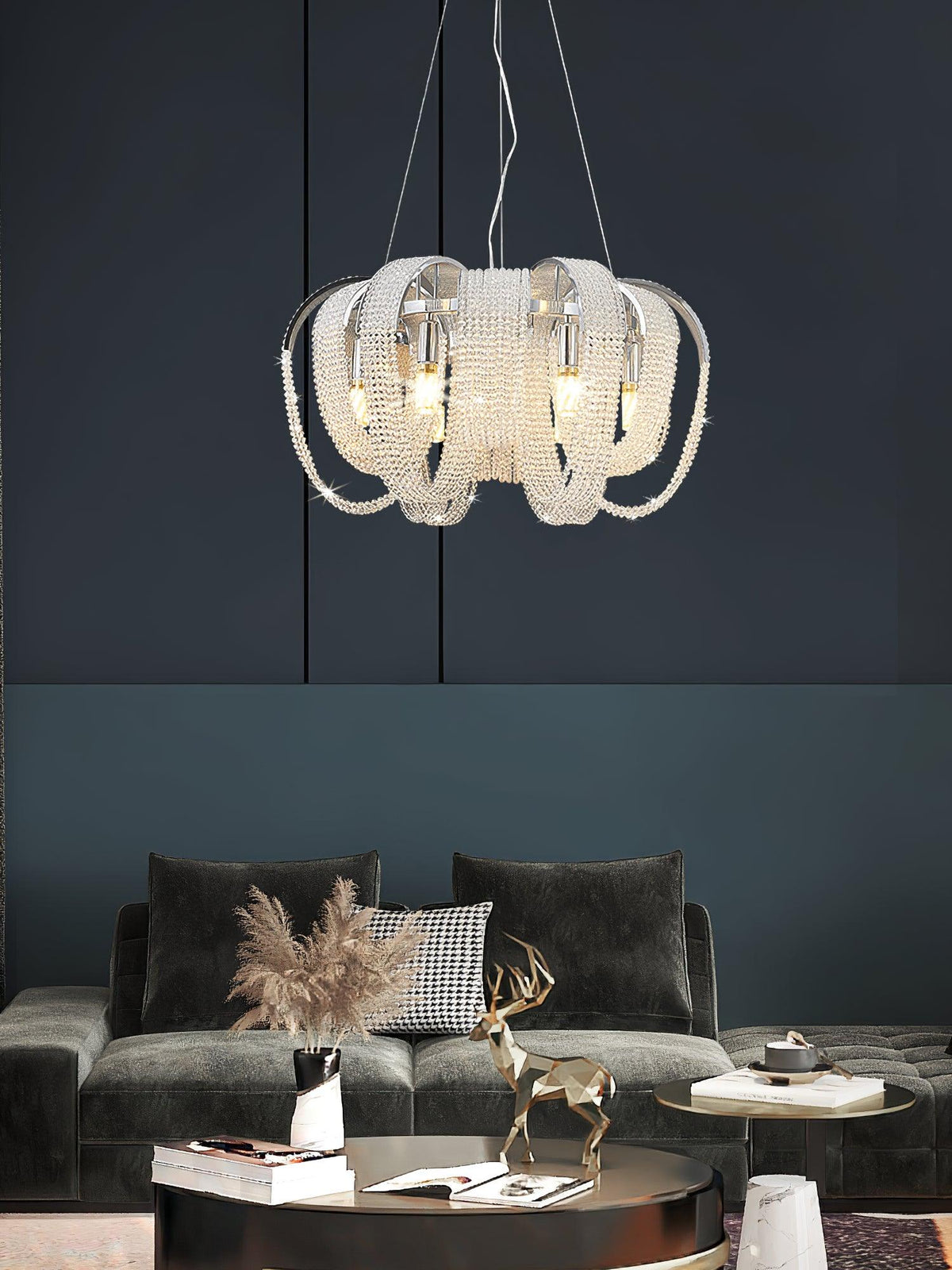 Cyressa Lustre Maille Cristal Doré Cascade Scintillante
