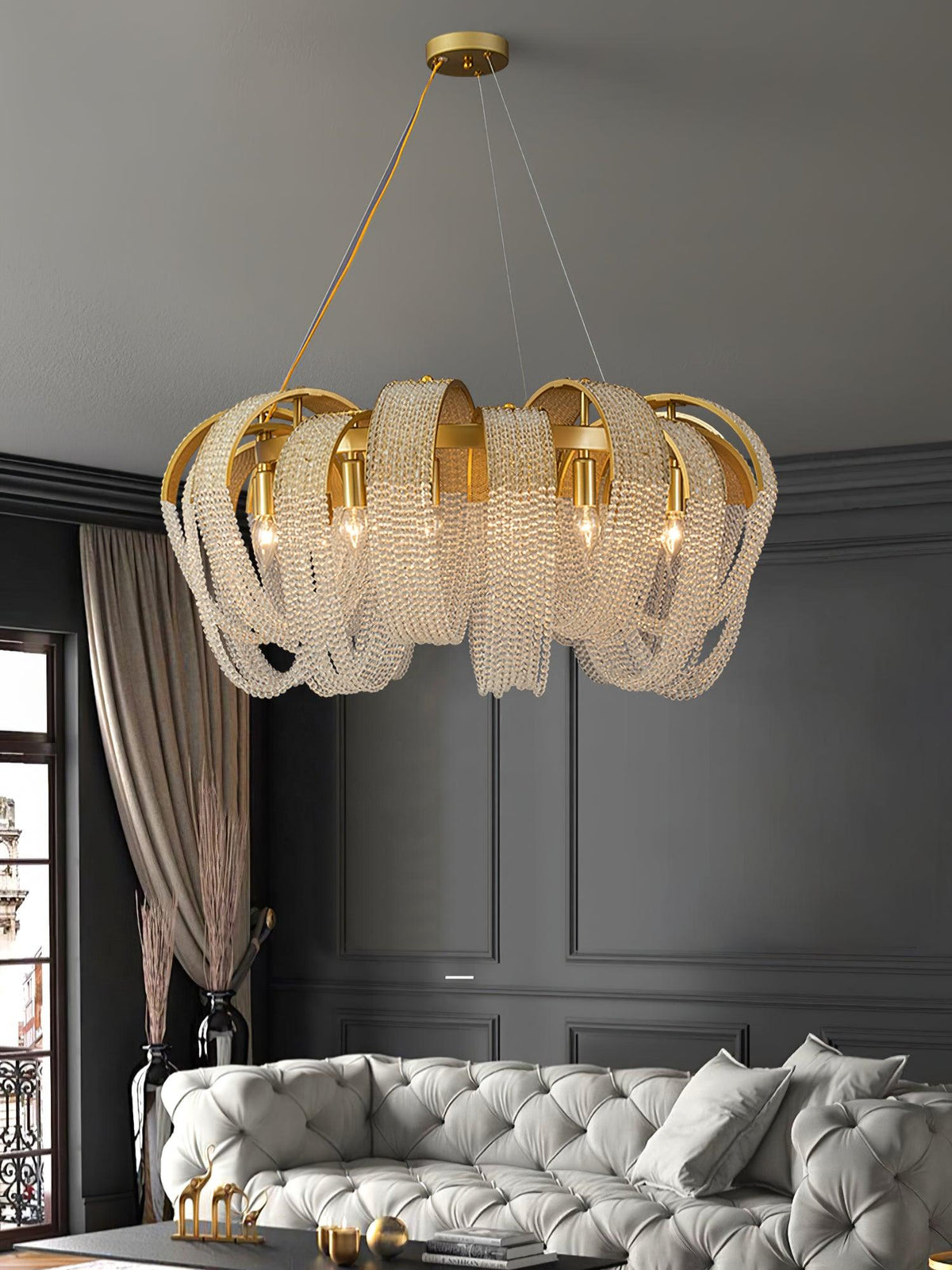 Cyressa Lustre Maille Cristal Doré Cascade Scintillante