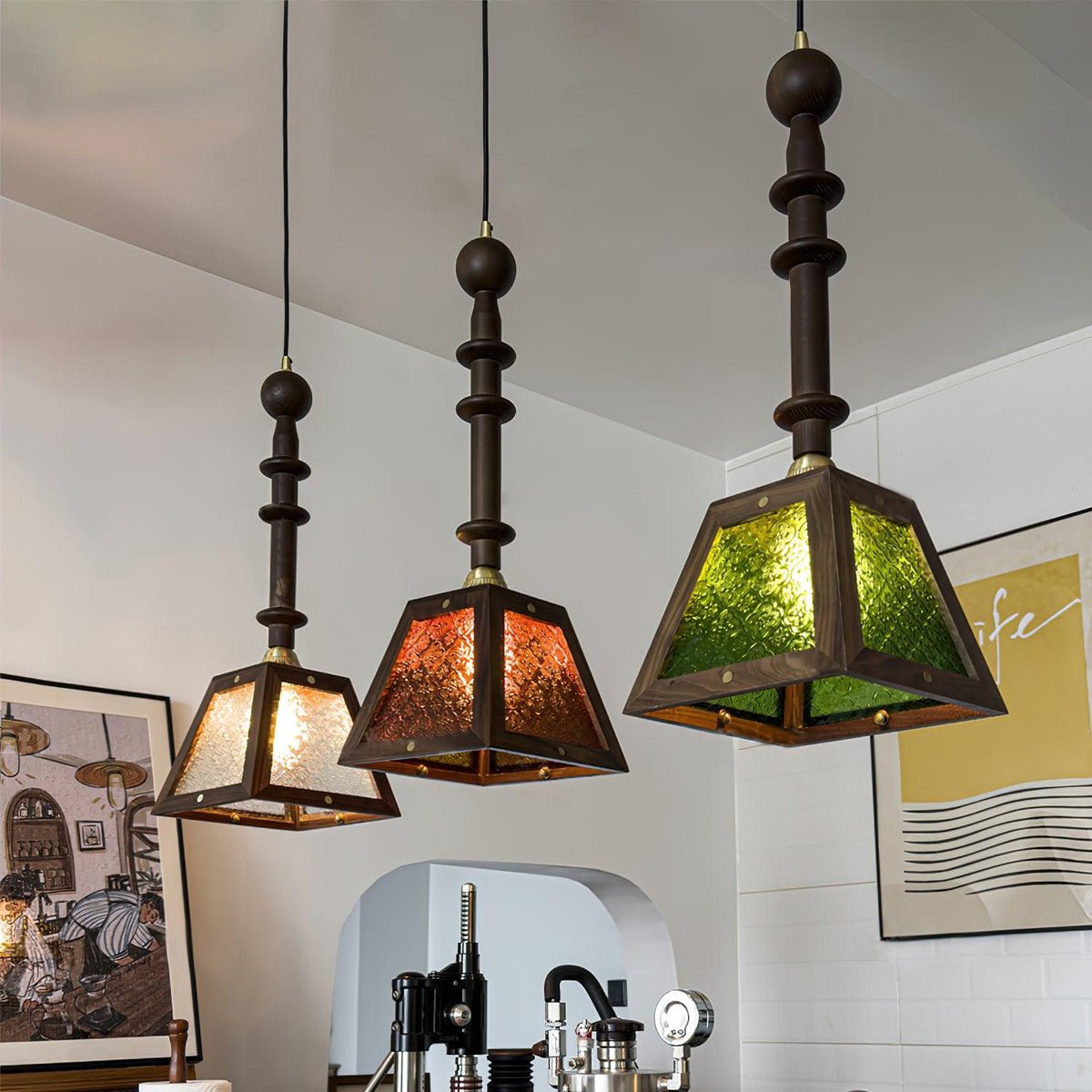 Eldaine Lampe Suspension en Verre et Bois à Style Vintage