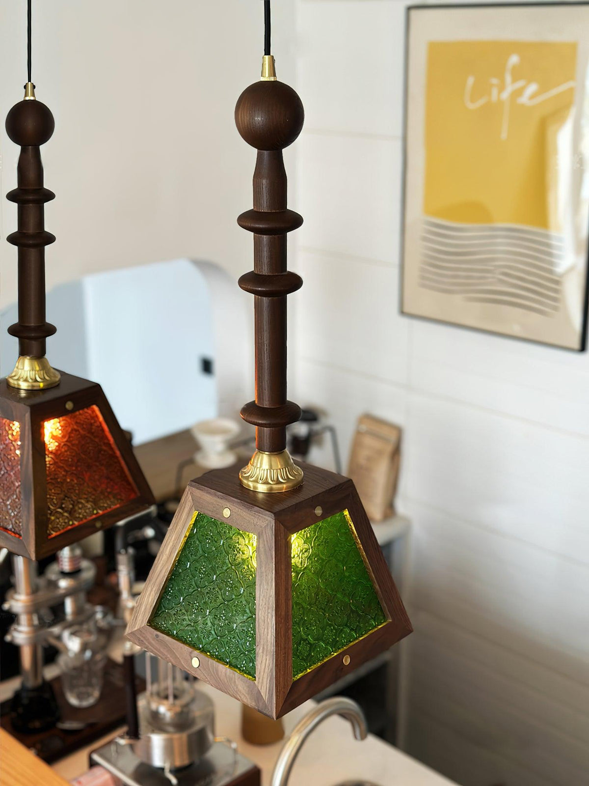 Eldaine Lampe Suspension en Verre et Bois à Style Vintage