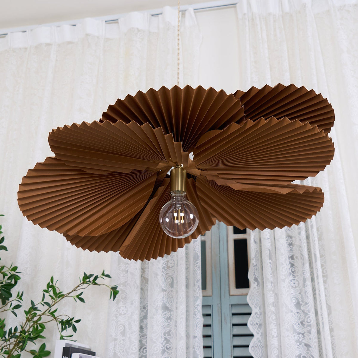 Pendant Light with Pleated Kraft Paper Petal Shade-Neutral Decor