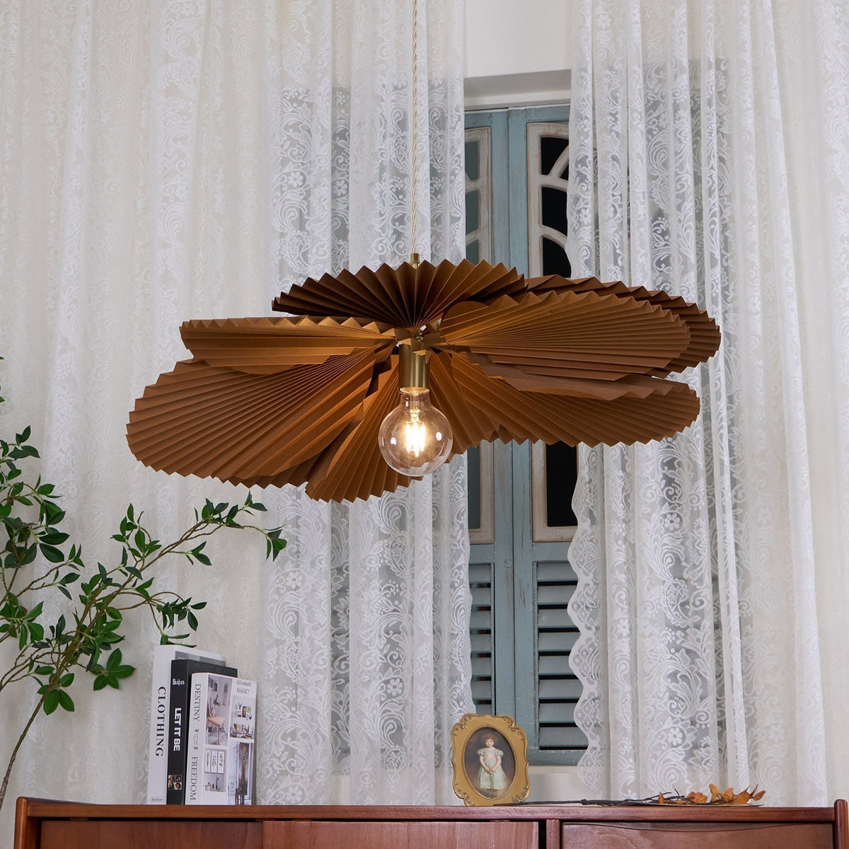 Pendant Light with Pleated Kraft Paper Petal Shade-Neutral Decor