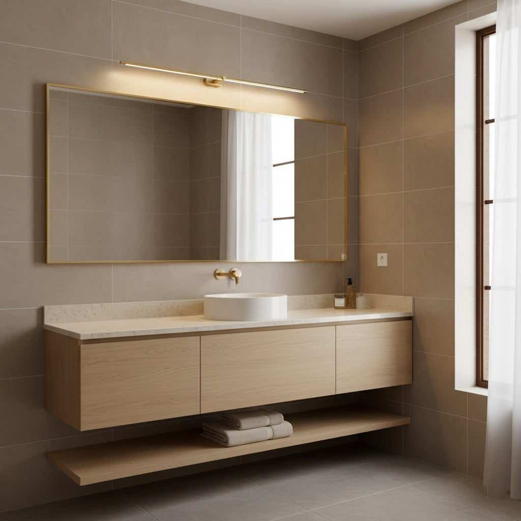 Gold linear wall lamp adding a touch of elegance to a space.