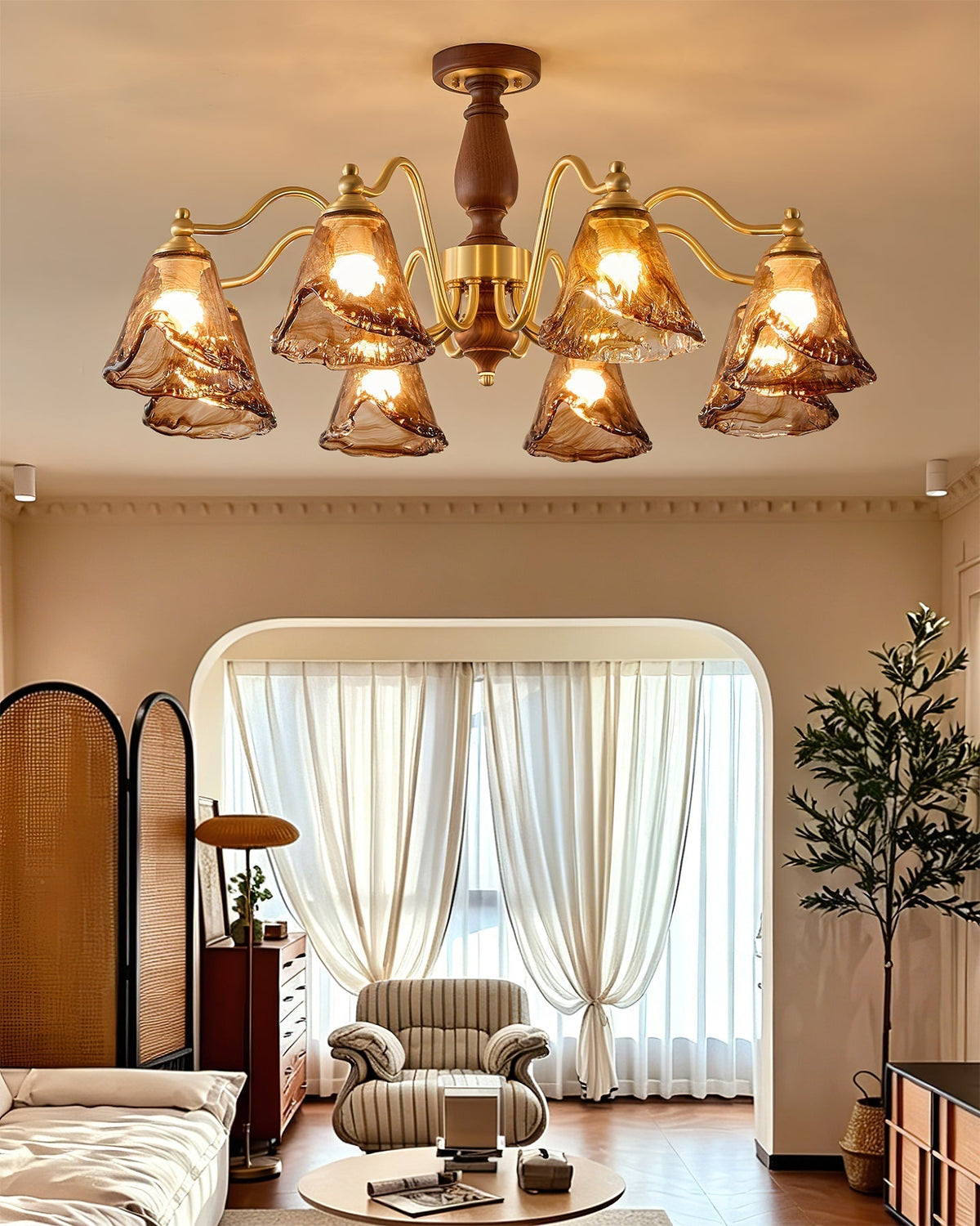 The Mirabelle chandelier hanging in a rustic modern living room.