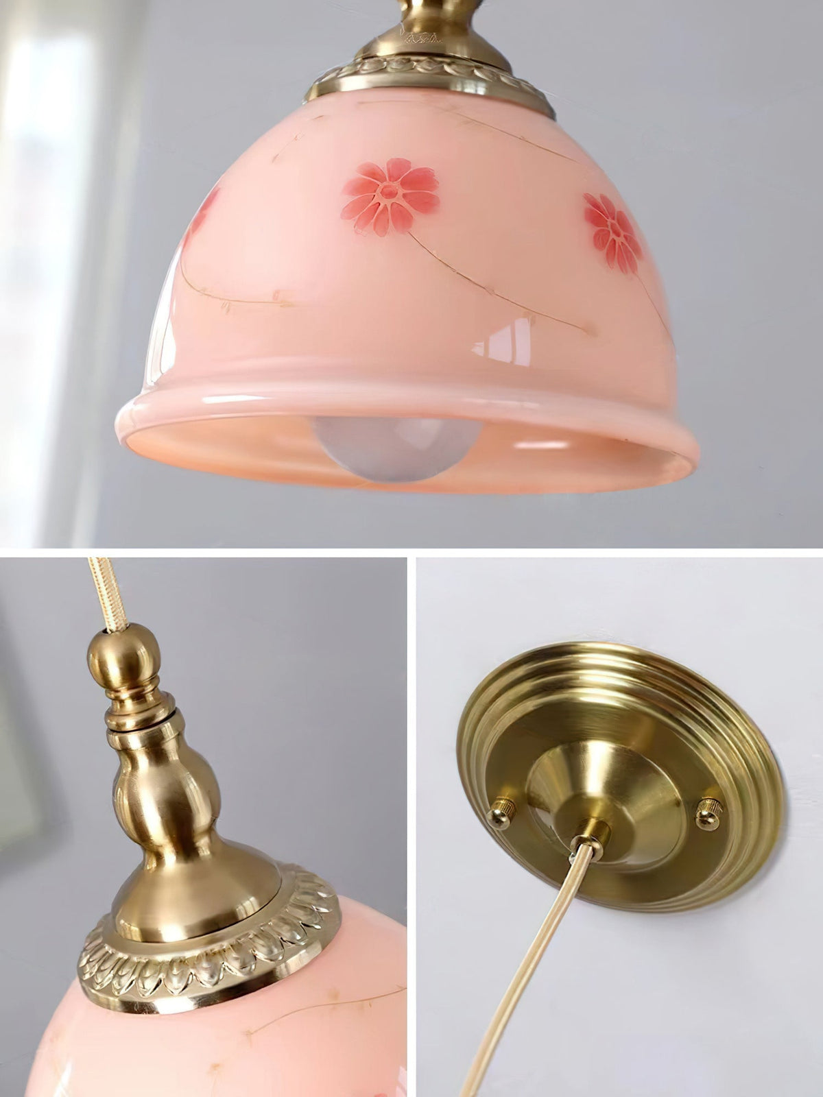 Pendant Lamp Brass and Glass Floral Pattern Dome Shade Vintage-Neutral Decor
