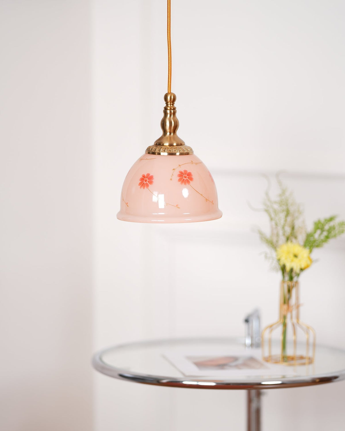 Pendant Lamp Brass and Glass Floral Pattern Dome Shade Vintage-Neutral Decor