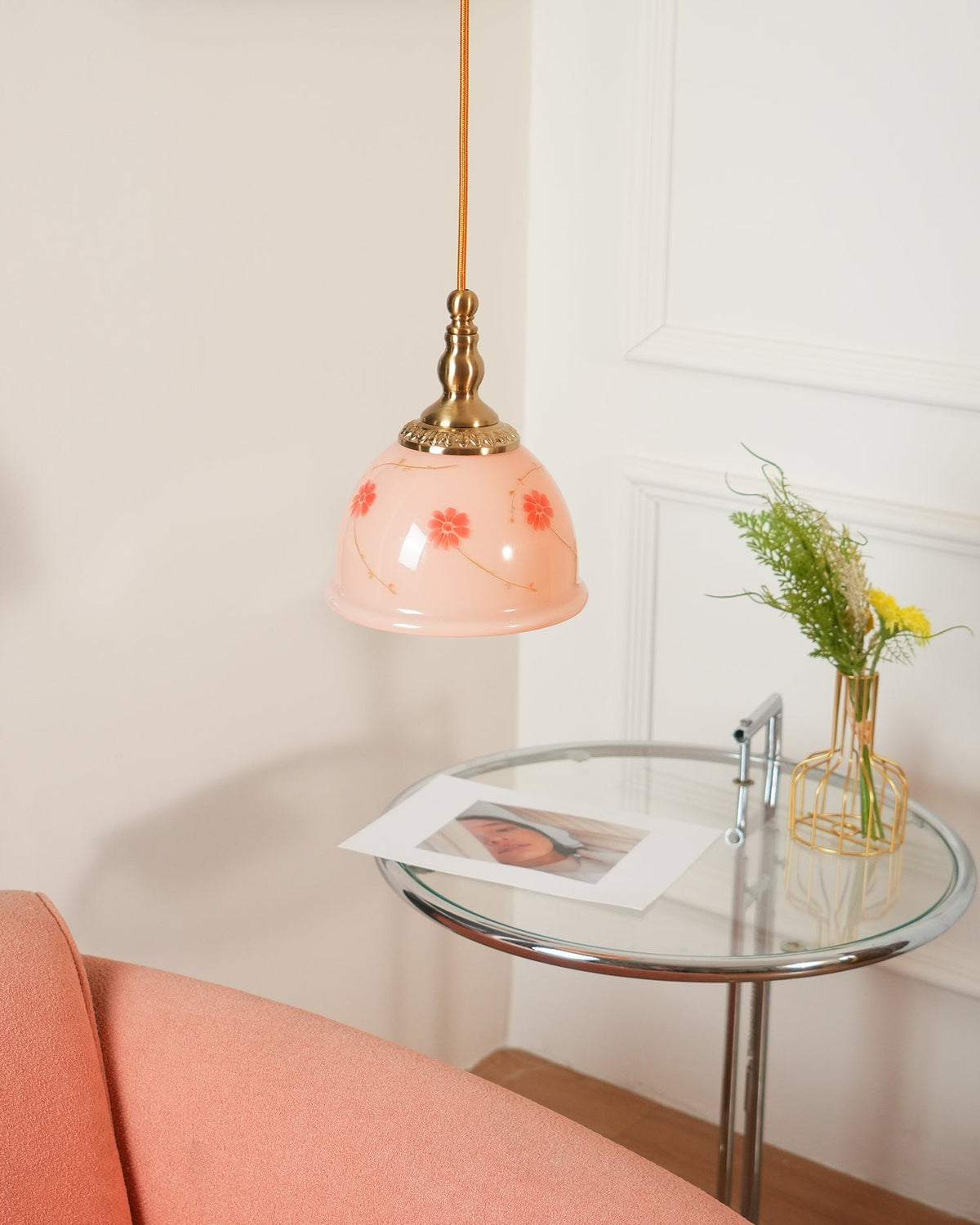 Pendant Lamp Brass and Glass Floral Pattern Dome Shade Vintage-Neutral Decor