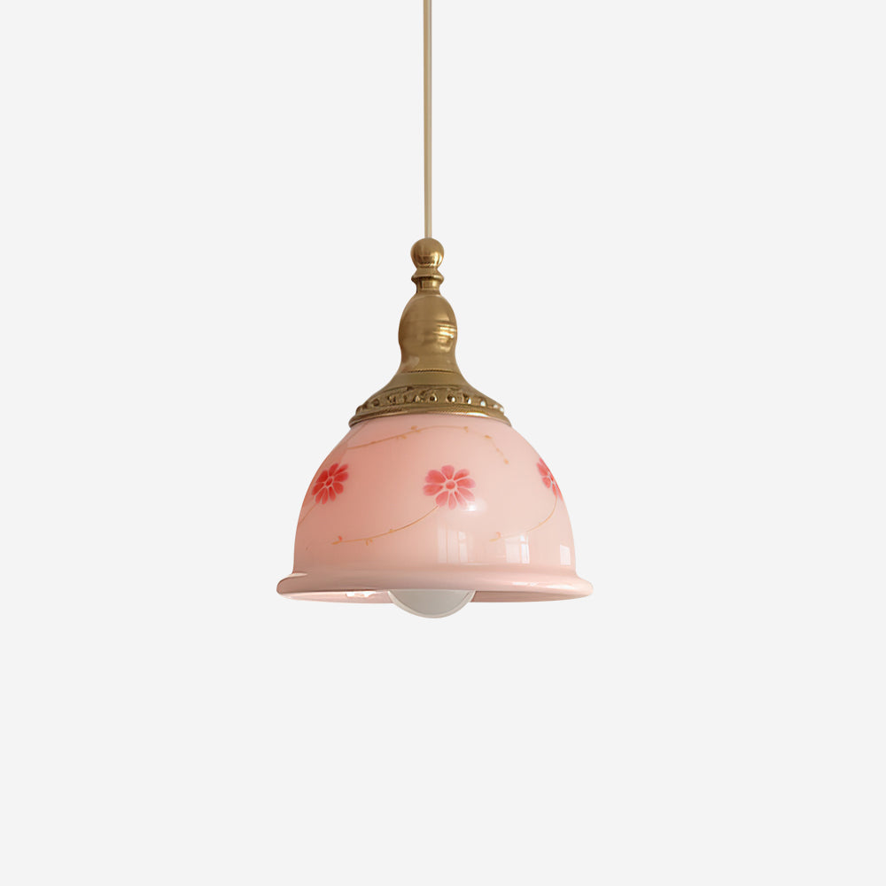 Pendant Lamp Brass and Glass Floral Pattern Dome Shade Vintage-Neutral Decor