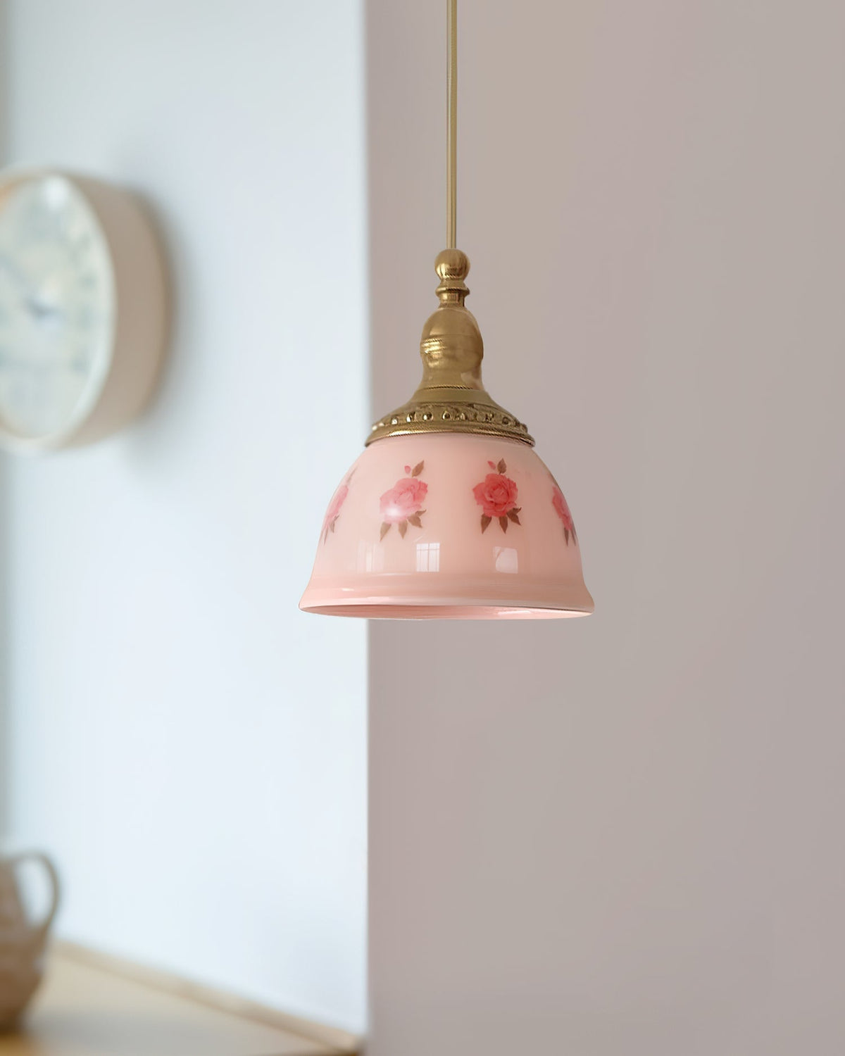 Pendant Lamp Brass and Glass Floral Pattern Dome Shade Vintage-Neutral Decor