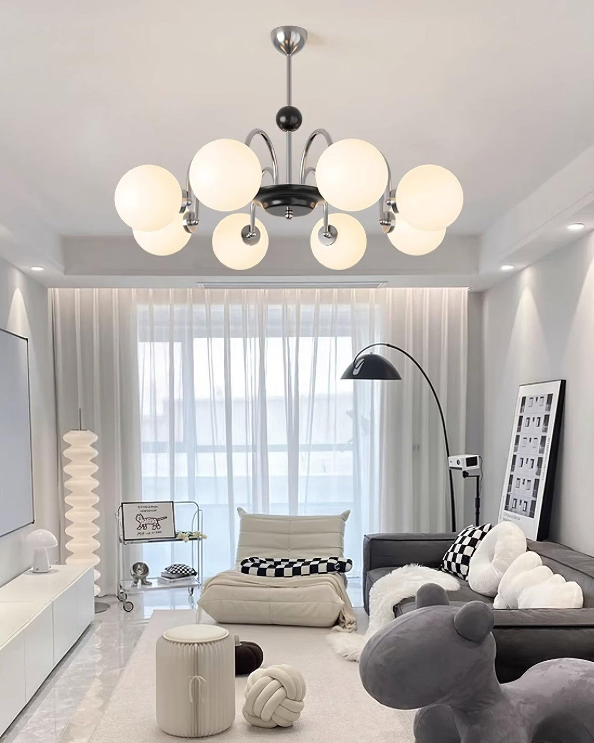 Chandelier Curved Arms Globe Shades Modern Retro Style Dining-Neutral Decor