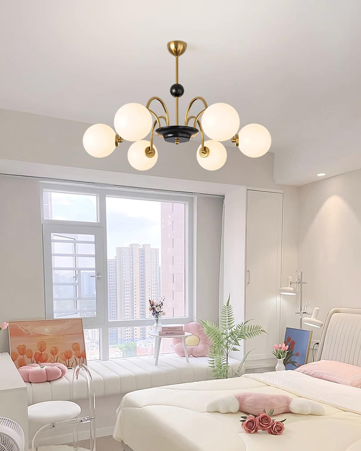 Chandelier Curved Arms Globe Shades Modern Retro Style Dining-Neutral Decor