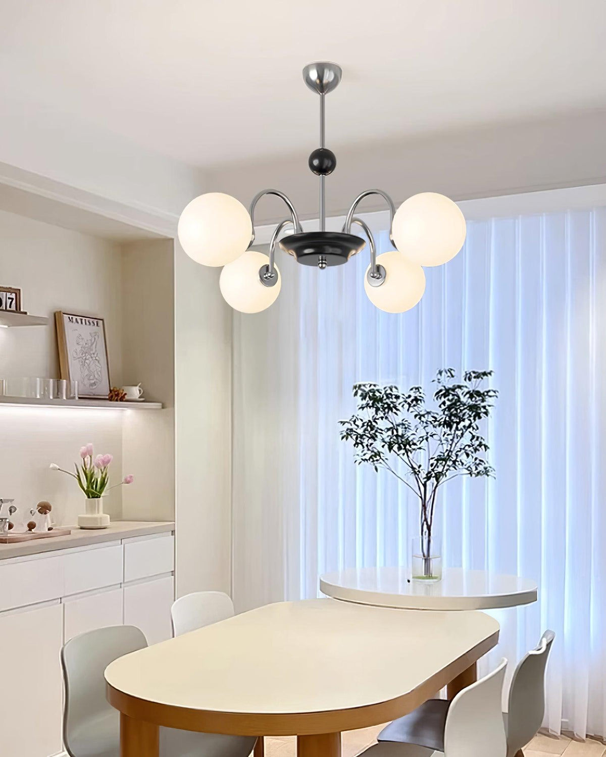 Chandelier Curved Arms Globe Shades Modern Retro Style Dining-Neutral Decor