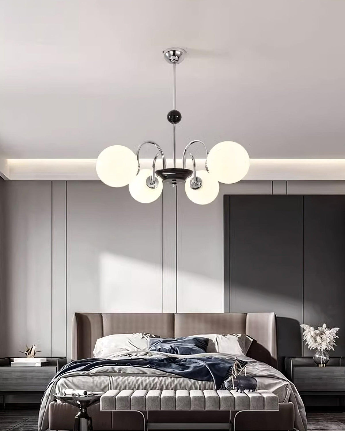 Chandelier Curved Arms Globe Shades Modern Retro Style Dining-Neutral Decor