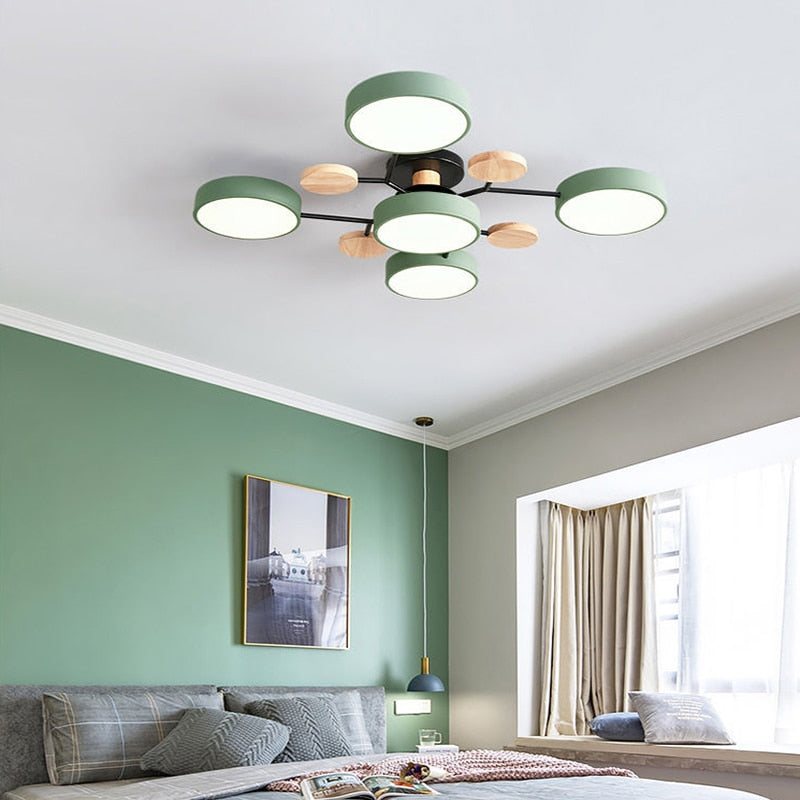 Arisha Plafonnier Rond Moderne, Métal/Bois, Blanc/Vert/Gris, Salon