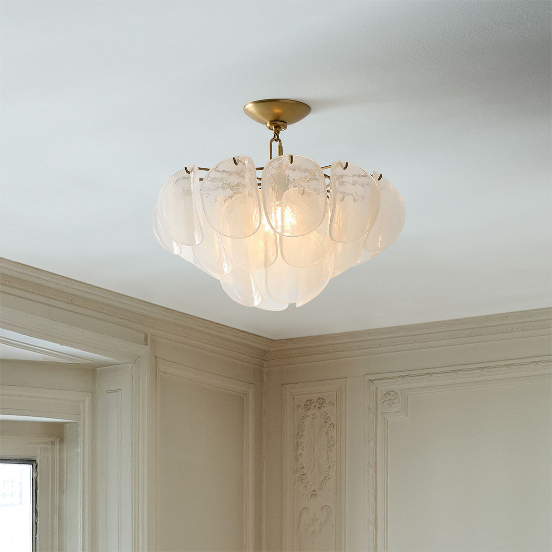 Close-up of the overlapping curved art glass panels on the Montecito ceiling light.