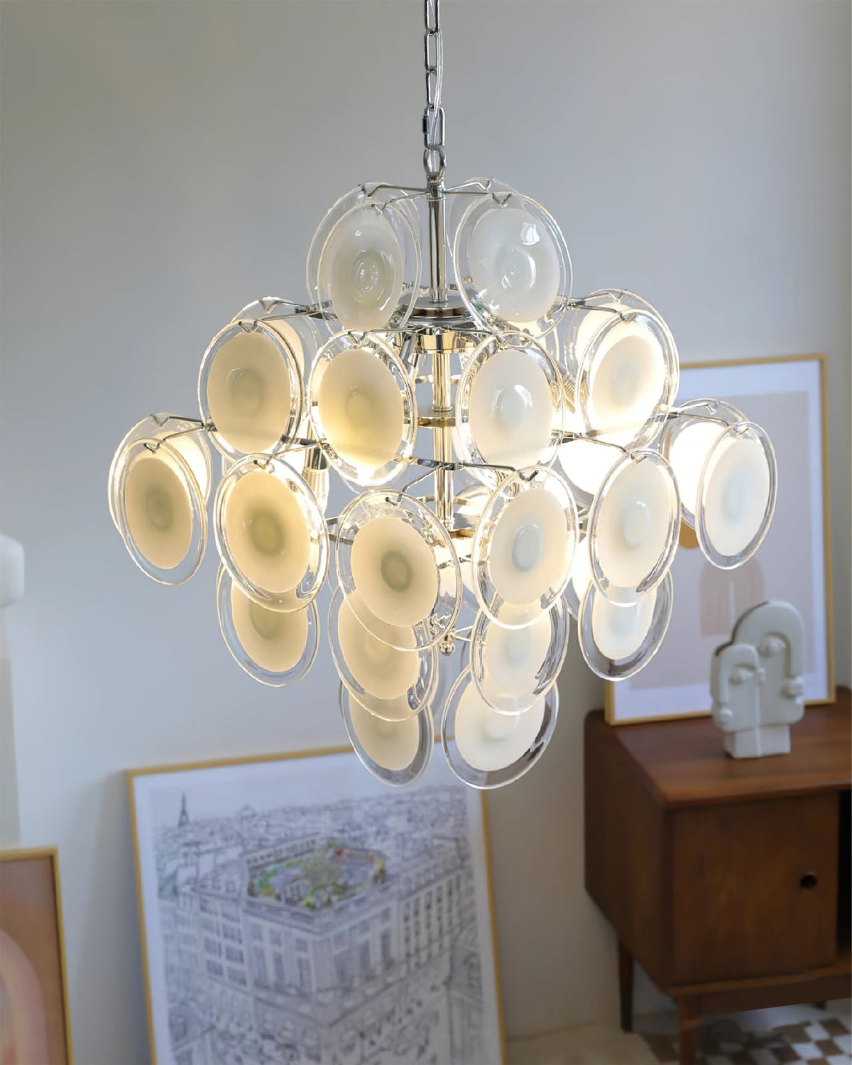 Orenielle Lustre Blanc Murano Verre Disques Grappe