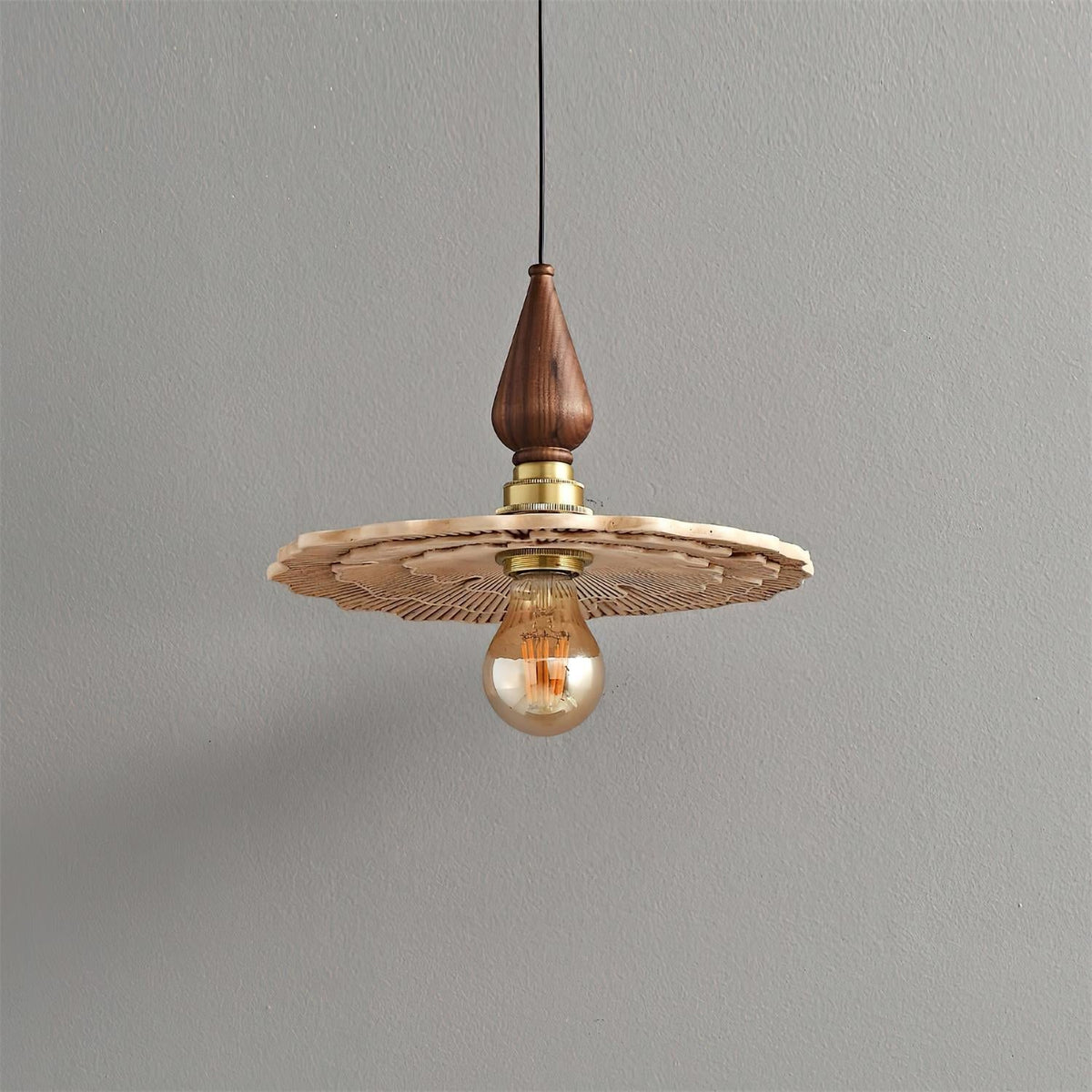Vintage Mushroom Wooden & Brass Pendant Light-Neutral Decor