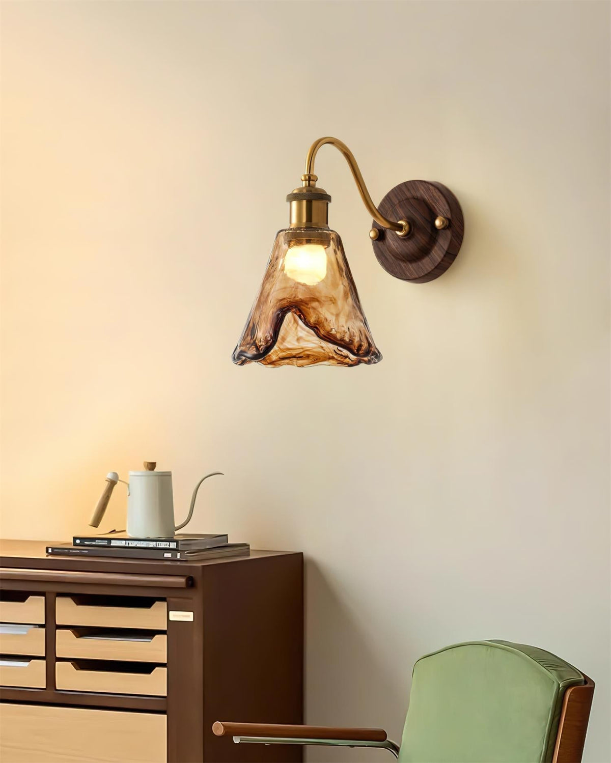 Nalia Wall Lamp Amber Glass Walnut Gold Vintage-Neutral Decor
