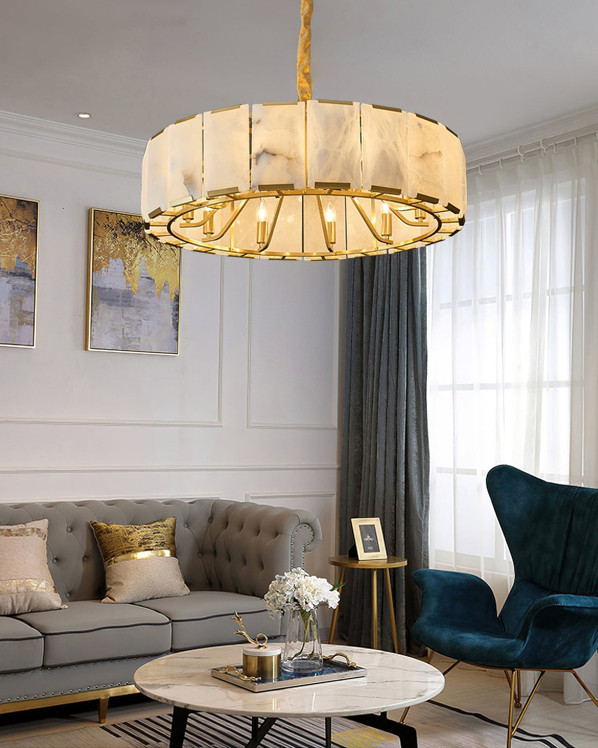 A view from below the Nashima Chandelier, showing the arrangement of lights.