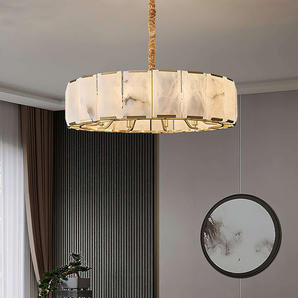 Detail shot of the brass structure and alabaster stone of the chandelier.