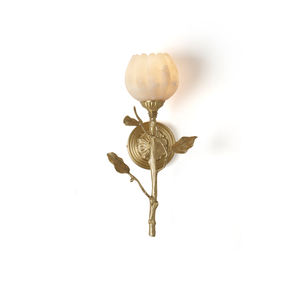 Natalia Alabaster Wall Sconce with a brass fixture, viewed from the front.