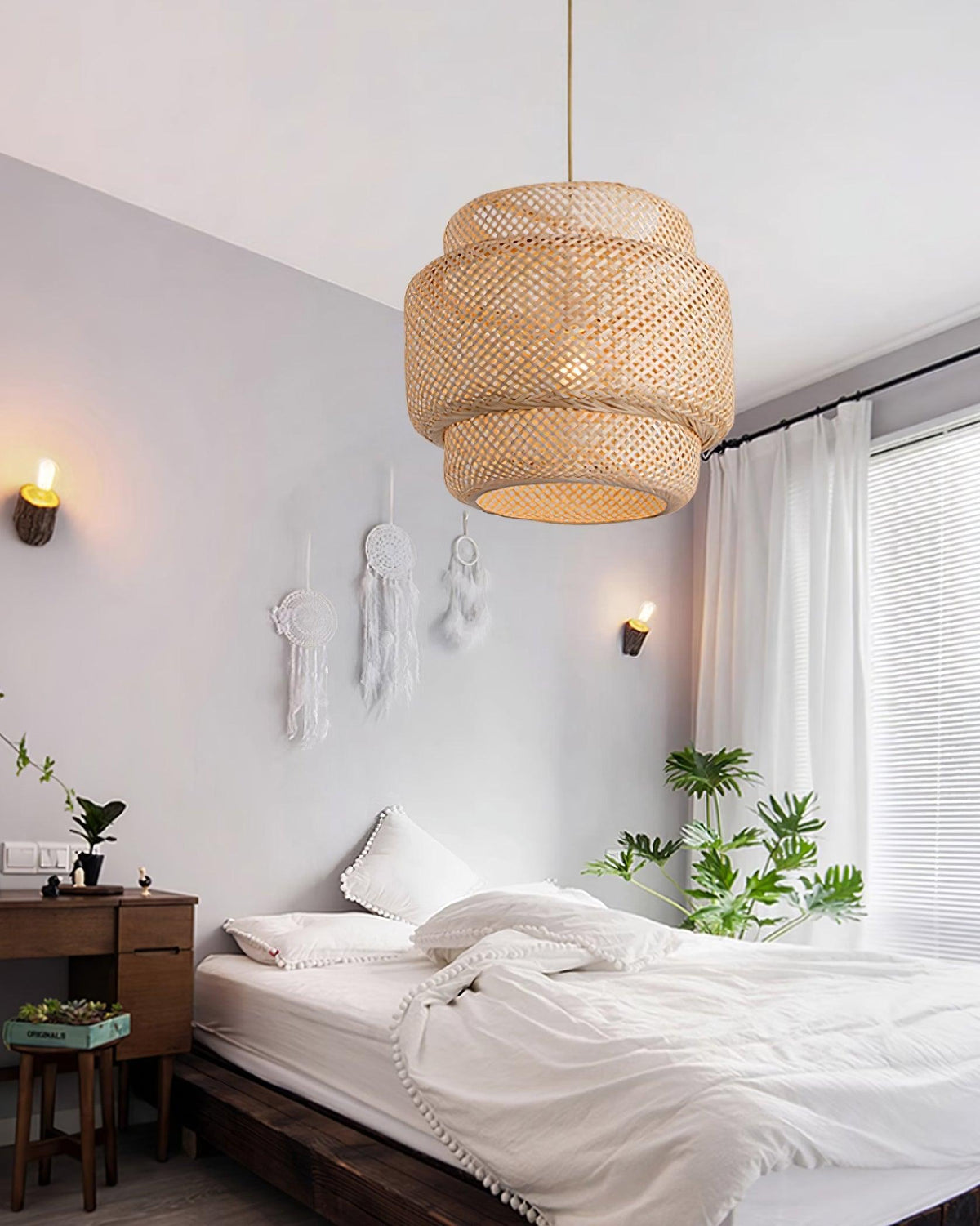 Pendant Lamp Double Layer Woven Bamboo Shade Organic Natural-Neutral Decor