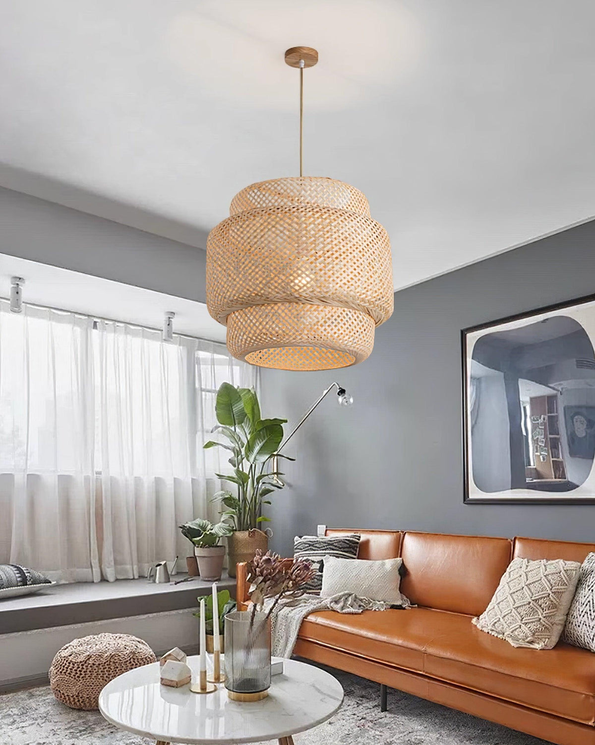 Pendant Lamp Double Layer Woven Bamboo Shade Organic Natural-Neutral Decor