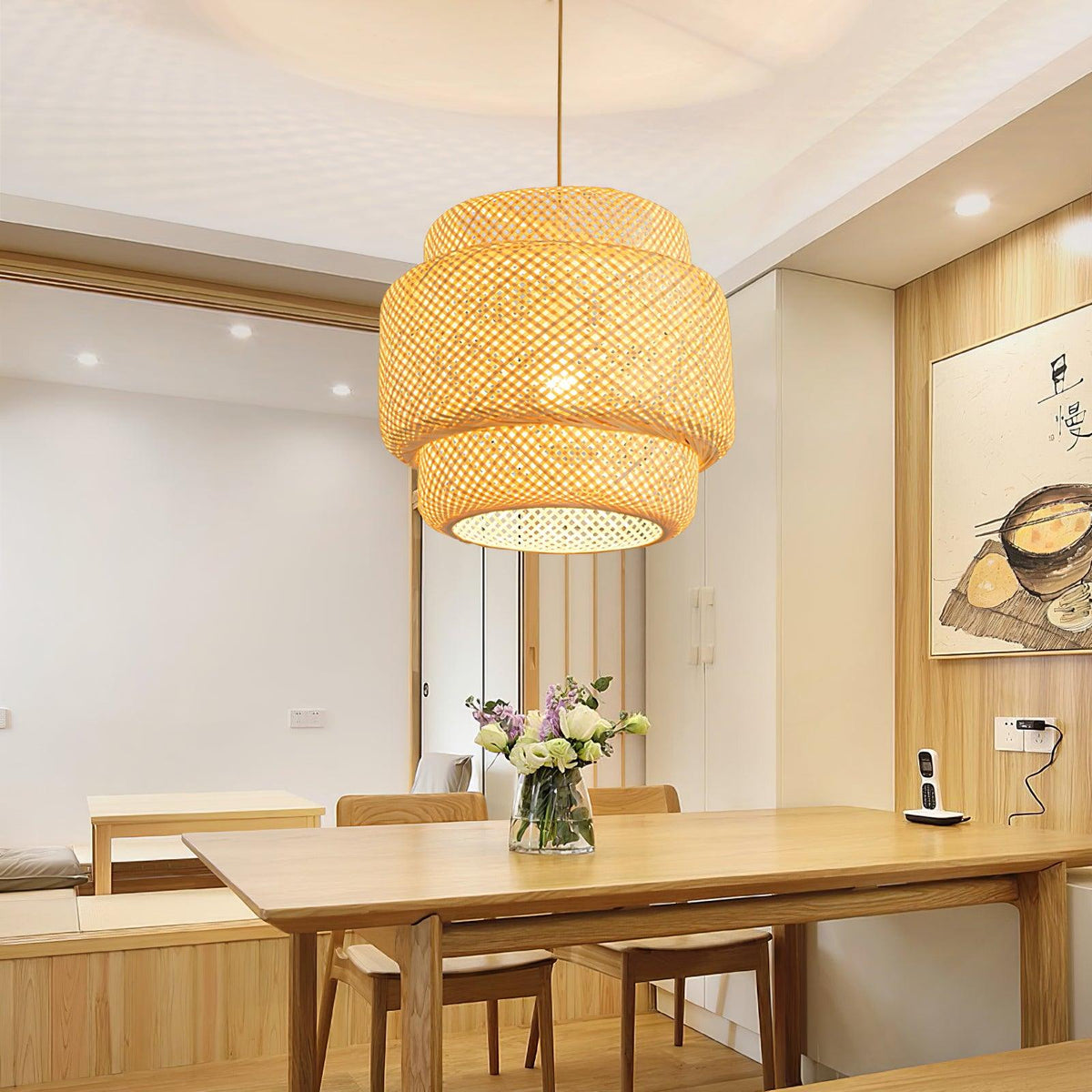 Pendant Lamp Double Layer Woven Bamboo Shade Organic Natural-Neutral Decor