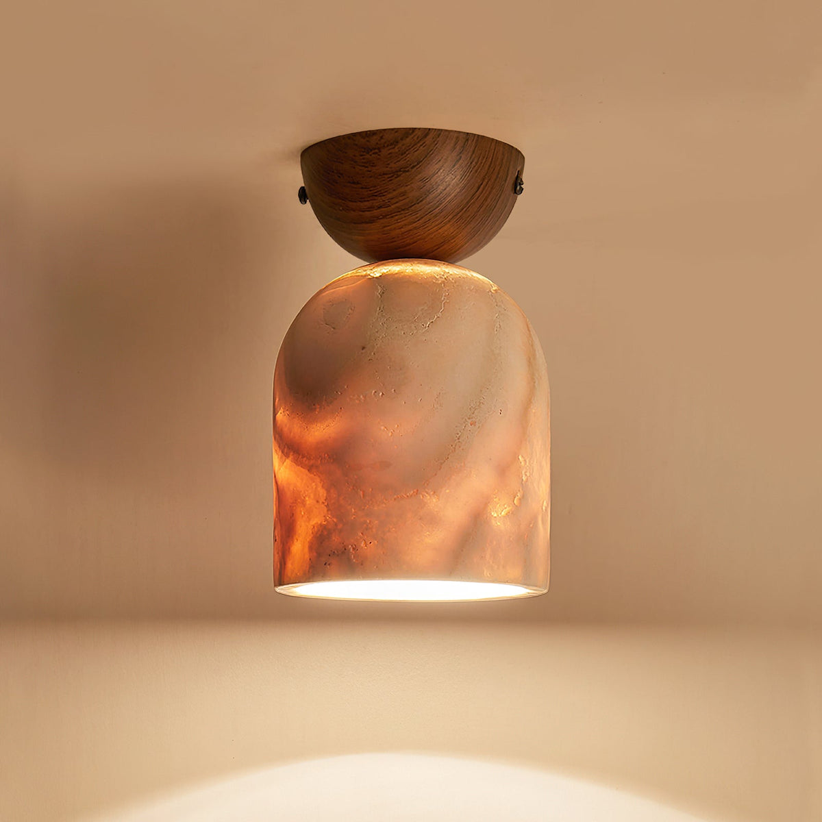 The Noncu Travertine Ceiling Lamp in the natural wood color finish.