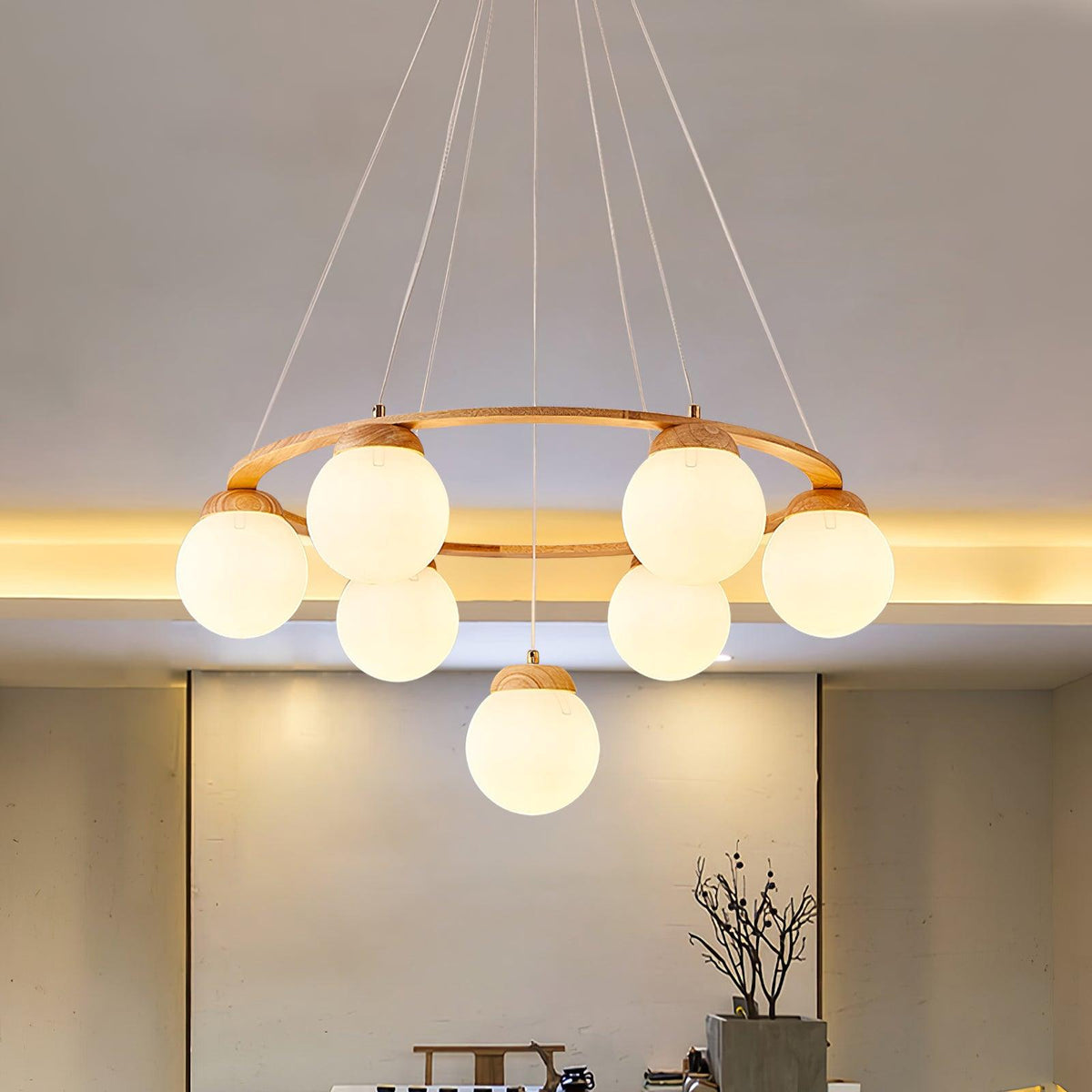 Vivelia Lustre en Bois avec Anneau et Globes
