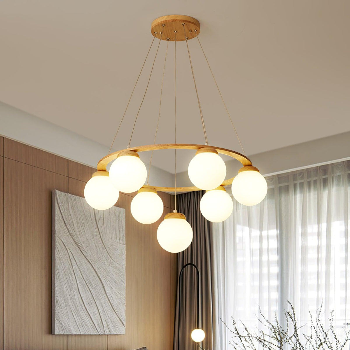 Vivelia Lustre en Bois avec Anneau et Globes