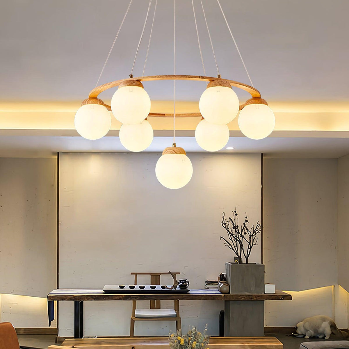Vivelia Lustre en Bois avec Anneau et Globes