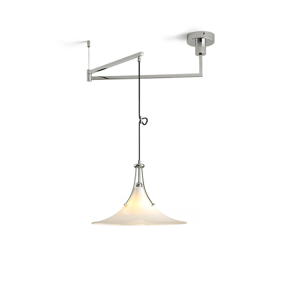 Orient Swing Arm Pendant Light hanging over a dining table.