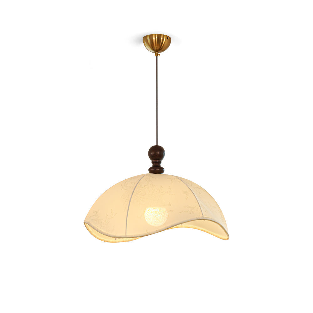 Oriente Pendant Light with white fabric shade and wood accent.
