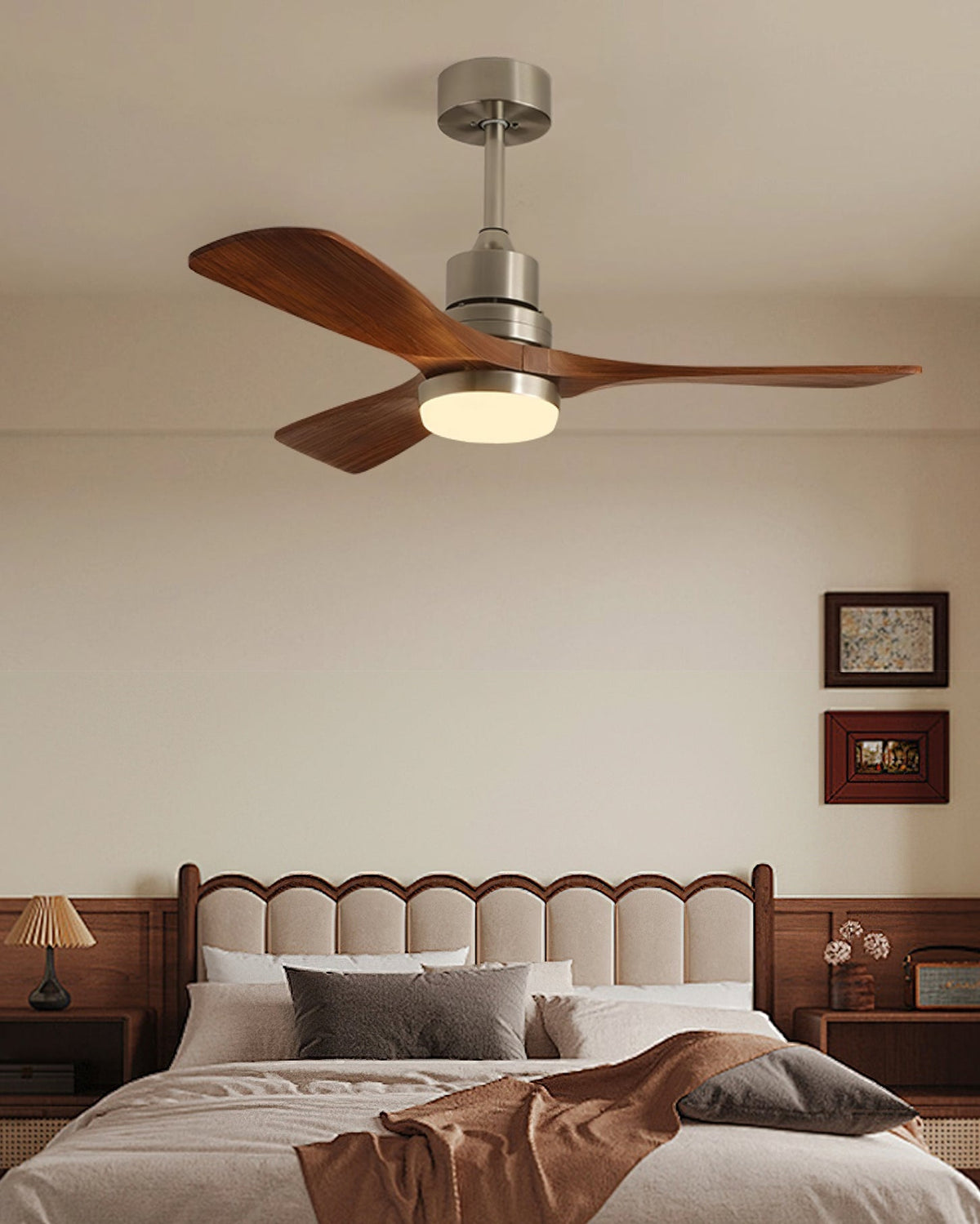 Angled view of the ceiling fan showcasing its modern design.
