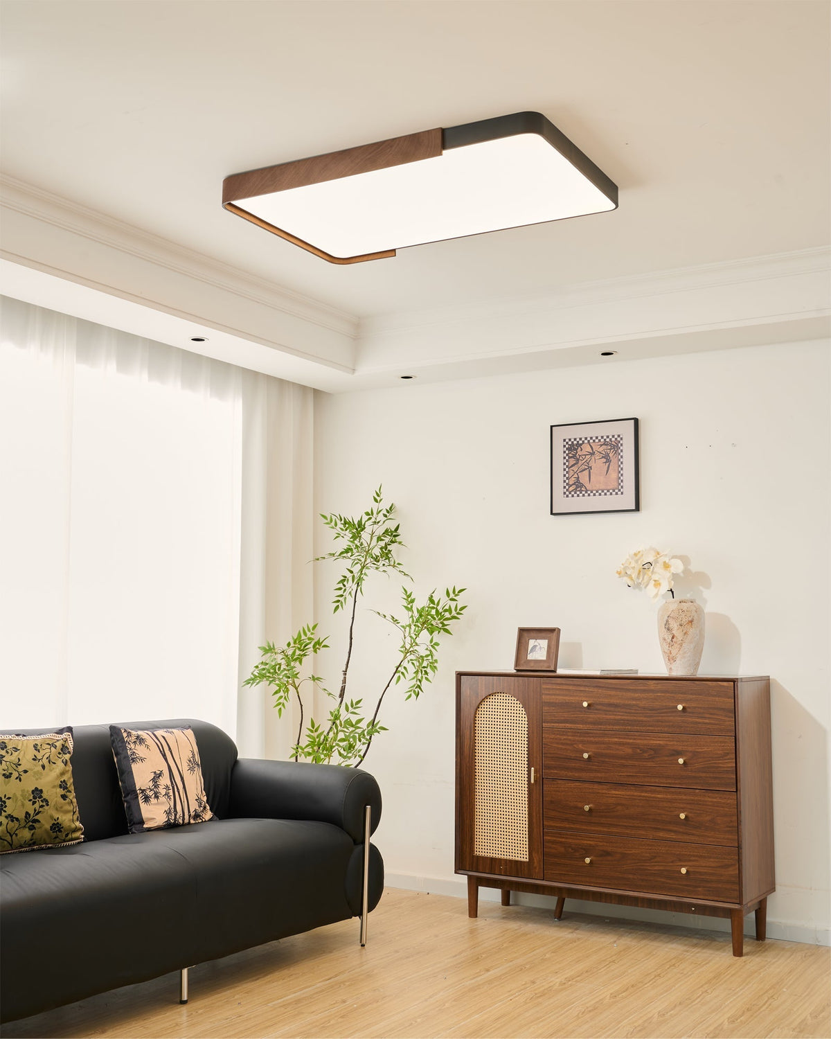 Installation view of the Orren Ceiling Light on a wooden ceiling.