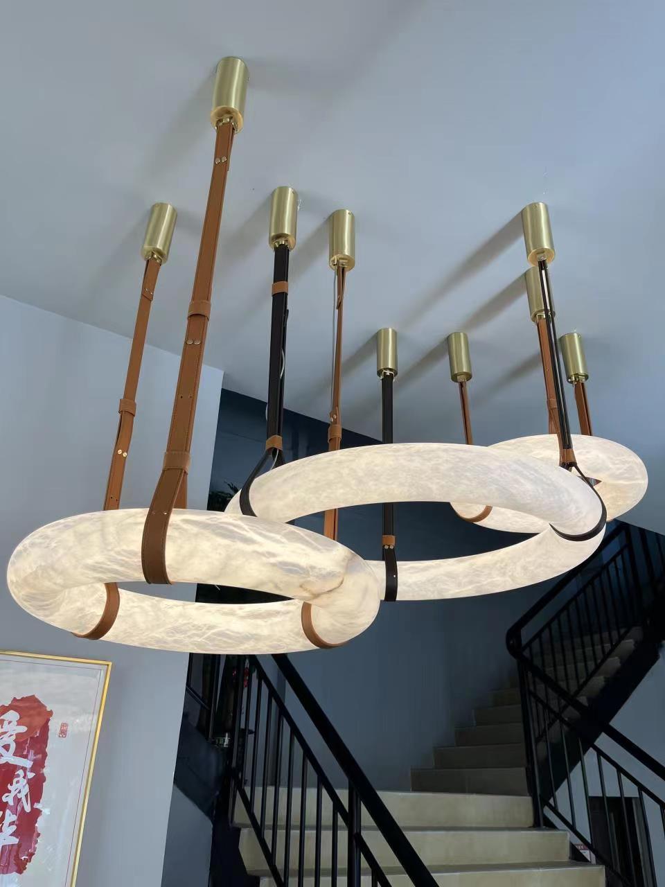 Étoile Pendant Light Chandelier Alabaster Ring Triple Leather-Neutral Decor