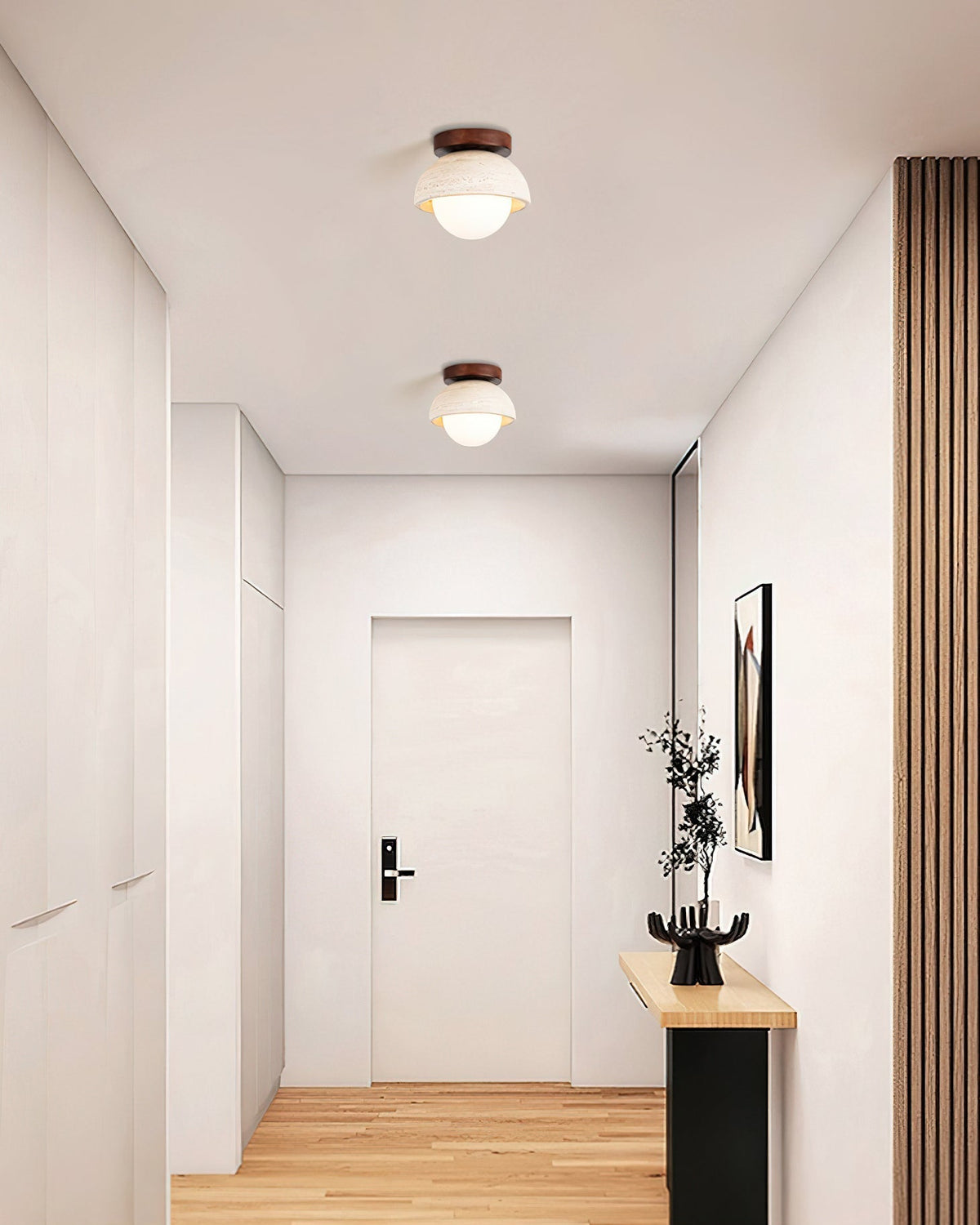 Close-up of the Palermo Ceiling Light's porous travertine texture.