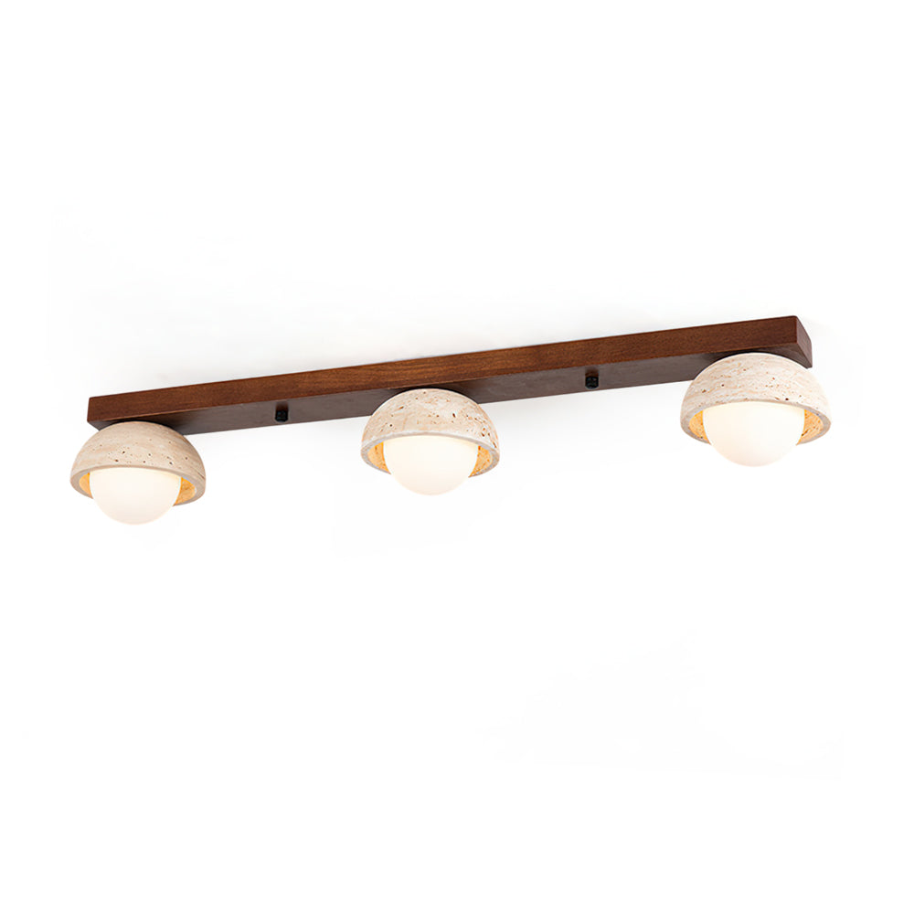 Palermo Combination Ceiling Light with travertine domes on a wooden beam.