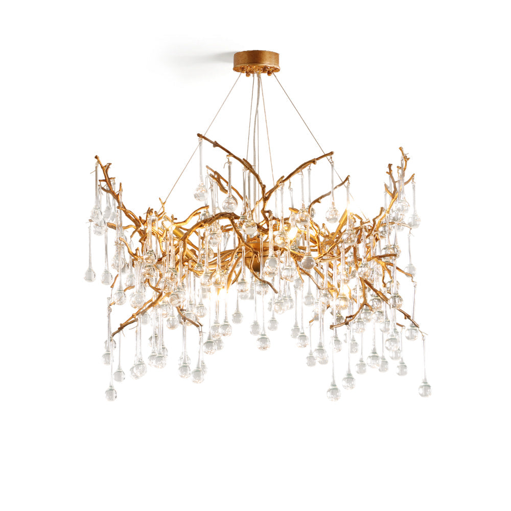 Palwa Chandelier with brass branches and glass droplets, viewed from below.