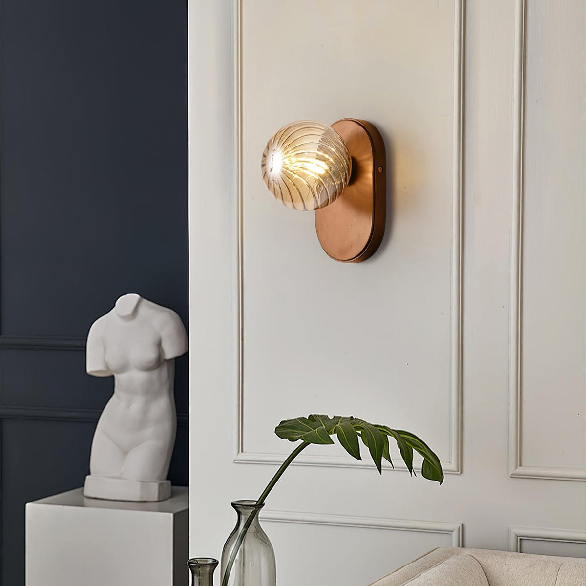 Wall Lamp Wood Body Amber Ribbed Glass Globe Walnut Color Modern Accent-Neutral Decor