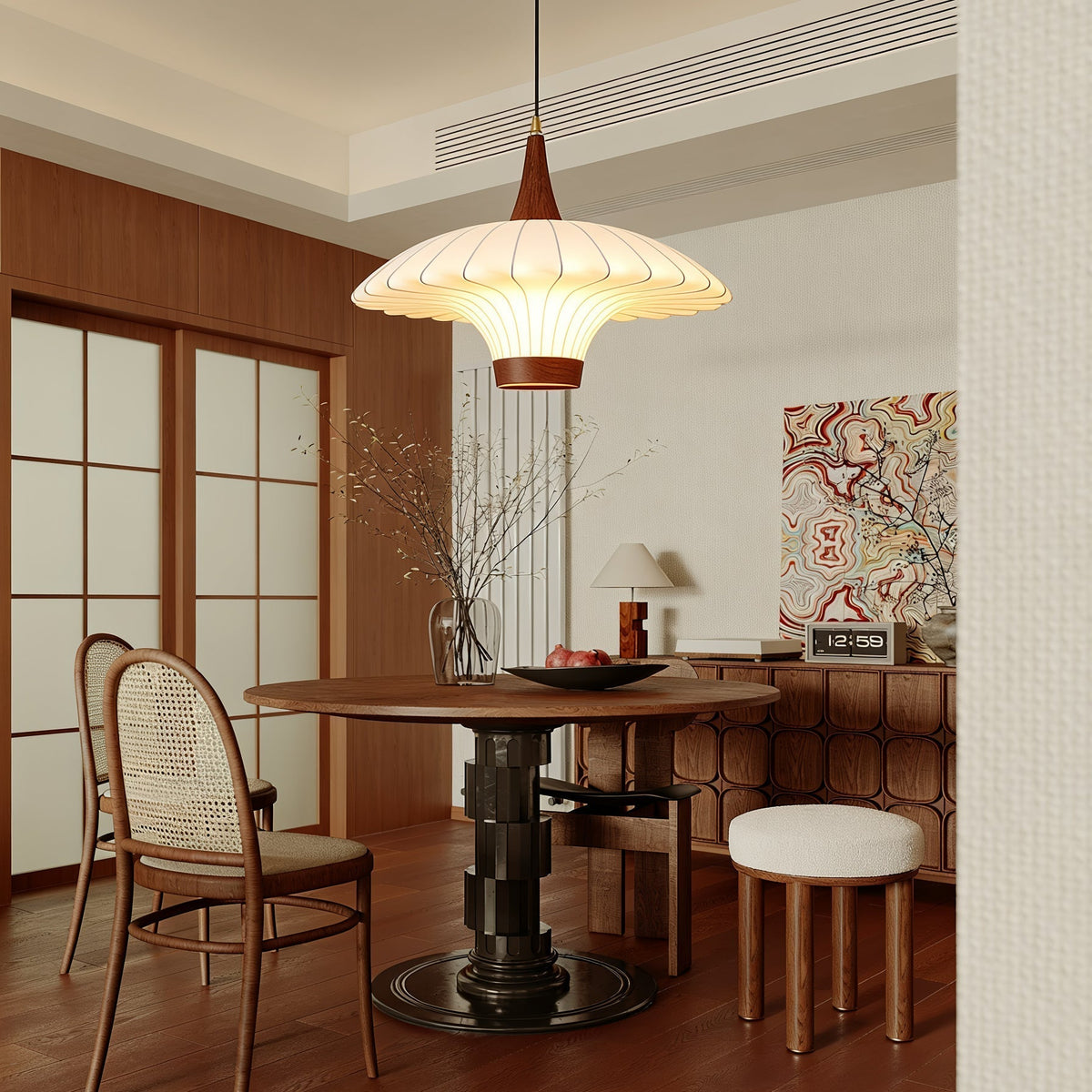 Angled view of the Parasol Pendant Light highlighting its sculptural form.